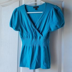 Y2k 2000's Le Chateau bright blue stretch knit low cut shirt.